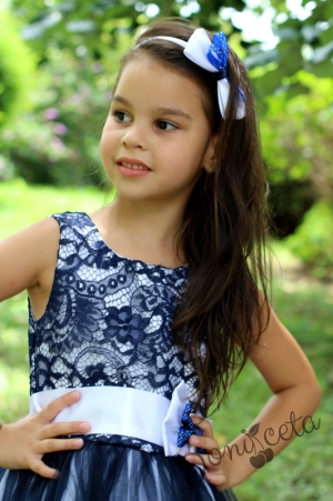 Официална детска рокля  с дантела и тюл в тъмносиньо и бяло Мадлен