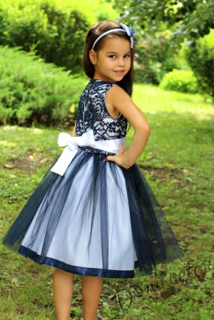 Официална детска рокля  с дантела и тюл в тъмносиньо и бяло Мадлен