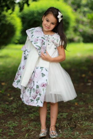 Комплект от детска рокля с къс ръкав и тюл с палто на цветя