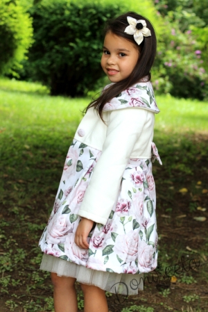Комплект от детска рокля с къс ръкав и тюл с палто на цветя
