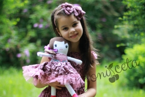 Комплект от официална детска рокля от дантела в пепел от рози с кукла