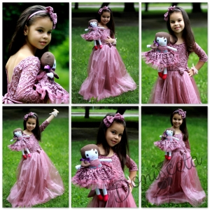Комплект от дълга официална детска рокля от дантела в пепел от рози с кукла