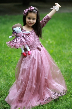 Комплект от дълга официална детска рокля от дантела в пепел от рози с кукла
