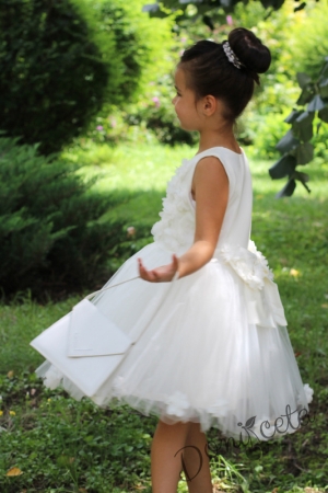 Официална детска рокля с тюл Евиана в екрю с 3D рози с голяма панделка отзад  за шаферка или кръщене
