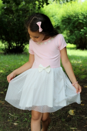 Лятна детска рокля в светло розово с тюл в бяло 2