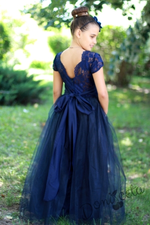 Официална дълга детска рокля в тъмносиньо с къс ръкав за шаферка Принцес