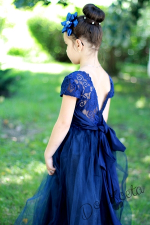 Официална дълга детска рокля в тъмносиньо с къс ръкав за шаферка Принцес