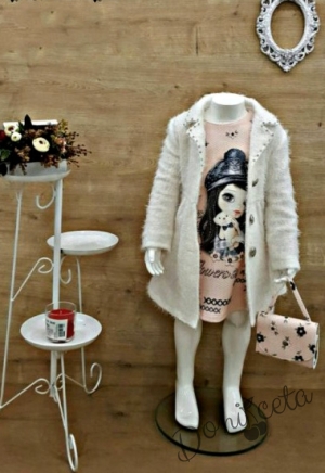 Комплект от рокля с манто в бяло и чантичка