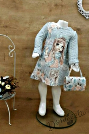 Комплект от рокличка с дълъг ръкав в светлосиньо и чантичка