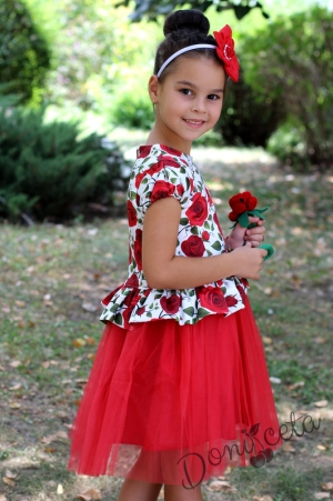 Официална детска рокля в бяло на рози с къс ръкав