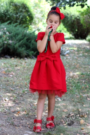 Детска рокля в червено Акатарена с къс ръкав и с панделка