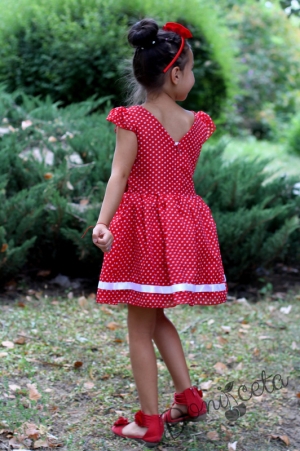 Комплект от лятна детска рокля в червено на точки с диадема