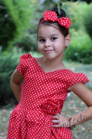Комплект от лятна детска рокля в червено на точки с диадема
