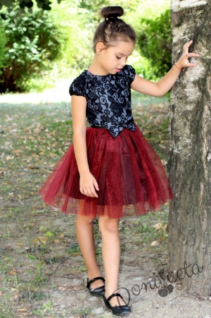 Детска официална рокля с дантела в черно и тюл в бордо