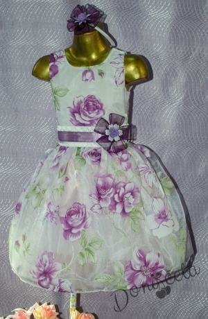 Официална детска рокля в бяло с цветя в лилаво