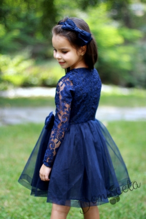 Официална детска рокля с дълъг ръкав в тъмносиньо с дантела и тюл  559855
