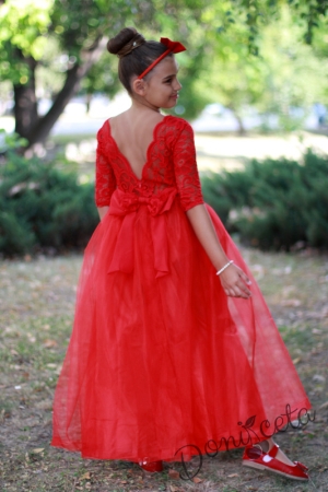 Официална дълга детска рокля в червено с ръкав до лакътя