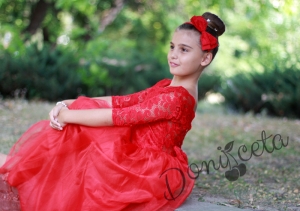 Официална дълга детска рокля в червено с ръкав до лакътя