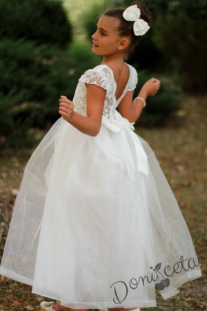 Официална дълга детска рокля с тюл в бяло с дантела и с къс ръкав и панделка отзад  Валентина