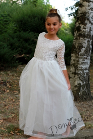 Официална дълга детска рокля в бяло с тюл с ръкав до лакътя