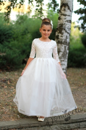 Официална дълга детска рокля в бяло с тюл с ръкав до лакътя
