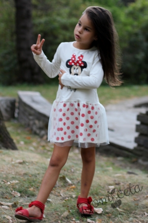 Детска рокля с дълг ръкав в бяло с Мини Маус