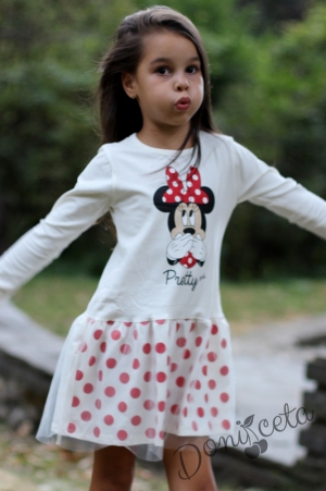Детска рокля с дълг ръкав в бяло с Мини Маус