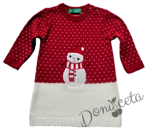 Коледна бебешка туника/рокля от плетиво в червено със Снежен човек