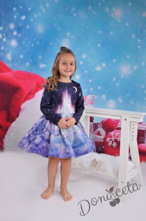 Детска рокля с дълъг ръкав в синьо със зимна кратинка