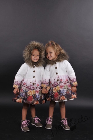 Children's winter coat for a girl in white with flowers