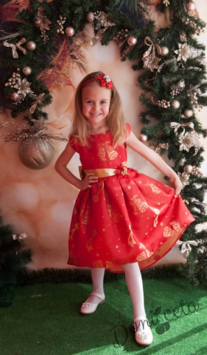 Официална детска рокля в червено с коледни мотиви