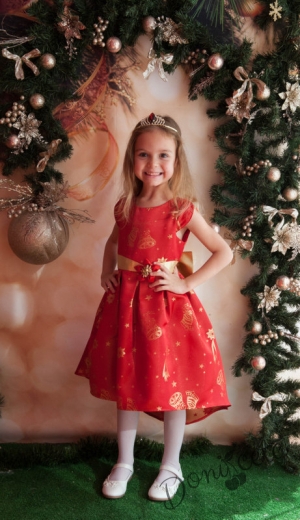 Официална детска рокля в червено с коледни мотиви