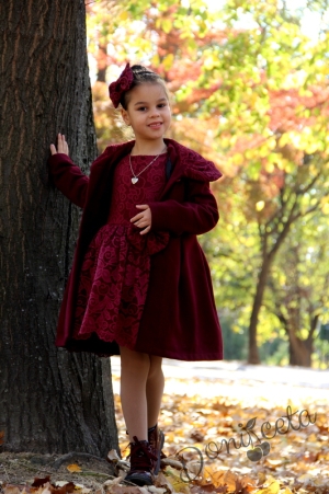Комплект от официална детска рокля в бордо от дантела с дълъг ръкав и палто
