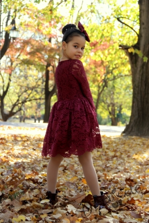 Официална детска рокля с дълъг ръкав в дантела в бордо