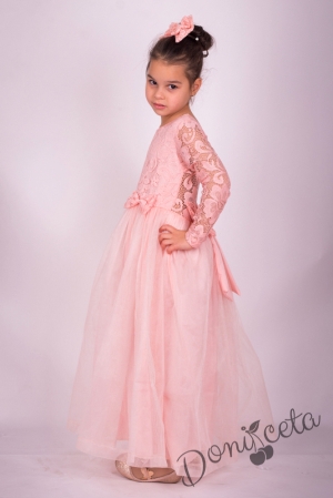 Официална дълга детска рокля в прасковено с дълъг ръкав