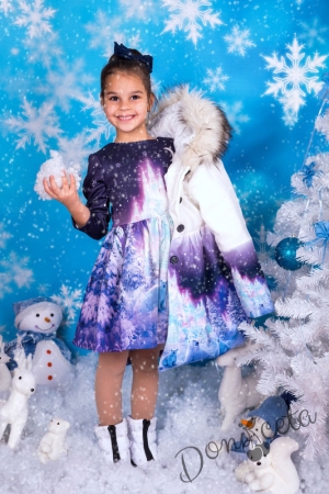 Комплект от детска  рокля  с дълъг ръкав с палто с качулка и снежна картинка