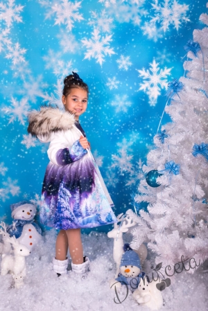 Зимно детско палто с качулка и джобове с рокля с дълъг ръкав със зимен пейзаж