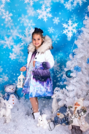 Детска зимна рокля с палто с качулка с еднакъв десец на зимен пейзаж
