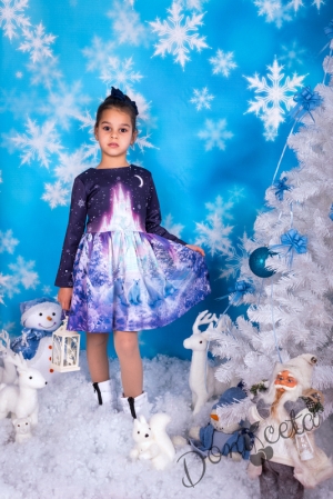 Зимна детска рокля с дълъг ръкав със снежна картинка