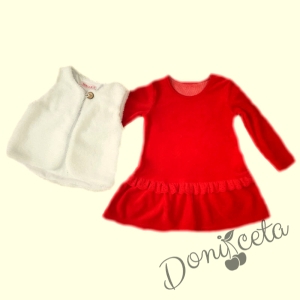 Комплект от бебешка плюшена рокля в червено с елек в бяло