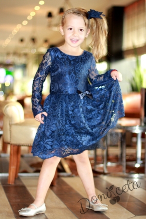 Детска официална рокля с дълъг ръкав в дантела в тъмносиньо  9478623