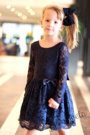 Детска официална рокля с дълъг ръкав в дантела в тъмносиньо  9478623