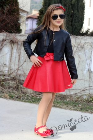 Комплект от детска кожена пола  в червено и кожено яке в черно