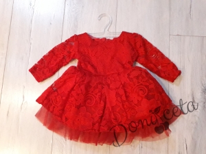 Официална детска рокля с дълъг ръкав в дантела в червено