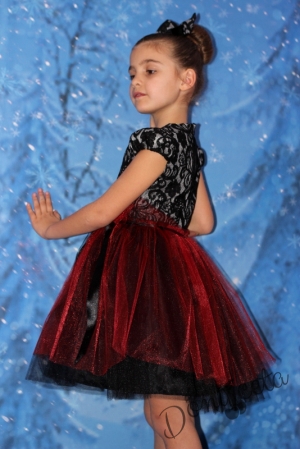 Официална детска рокля с дантела в черно и тюл в бордо