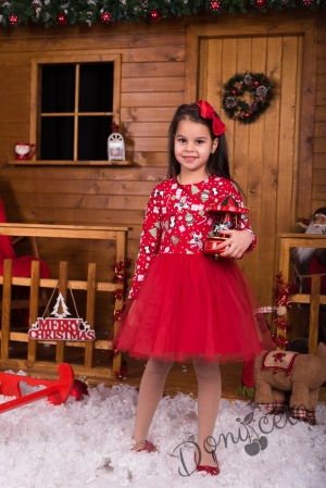 Коледна детска рокля в червено с тюл