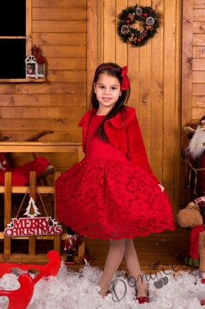 Официална детска рокля с къс ръкав в дантела в червено с болеро