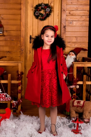 Комплект от официална детска рокля от дантела с дълъг ръкав и палто в червено