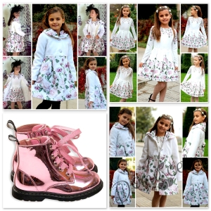 Комплект от  3 части-детска рокля с палто на рози и лачени боти