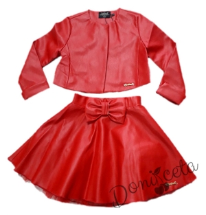 Комплект от детска кожена пола  в червено и кожено яке